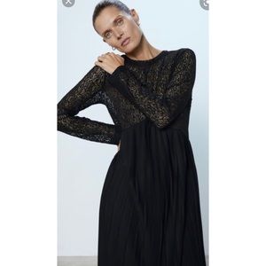 New Zara Black Lace Pleated Midi Dress Long Sleeve